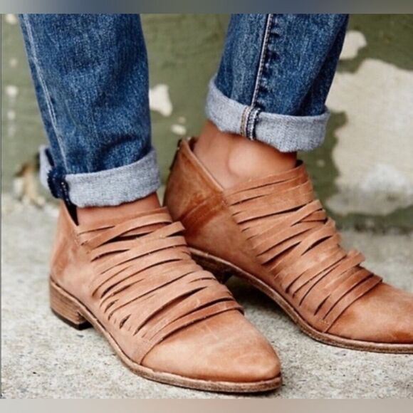 FP FREE PEOPLE Brown Tan Lost Valley Ankle Strap Booties Boots Zip 40 eu 8.5-9 - Picture 1 of 7
